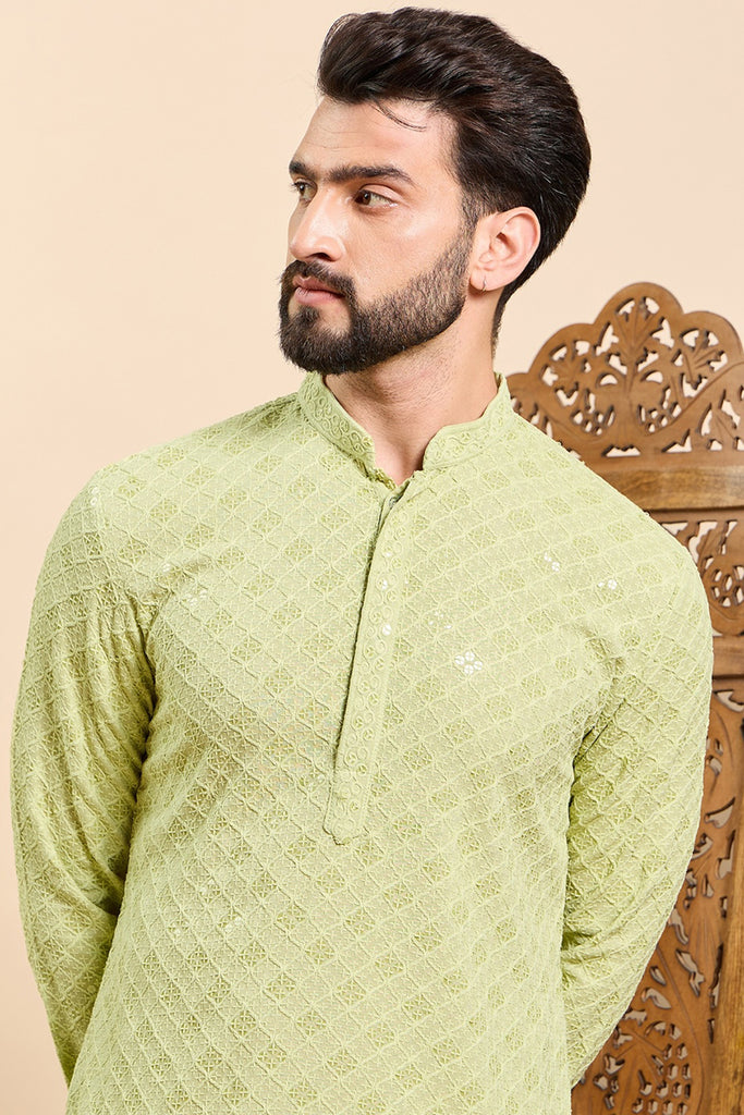 Ethnic Bay Green Viscose Rayon Solid Embroidered Ethnic Straight Chikankari Kurta For Men MKU1030GRN