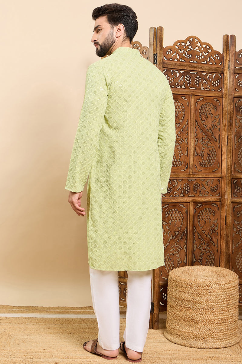 Ethnic Bay Green Viscose Rayon Solid Embroidered Ethnic Straight Chikankari Kurta For Men MKU1030GRN