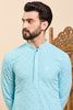 Ethnic Bay Turquoise Blue Viscose Rayon Solid Embroidered Ethnic Straight Chikankari Kurta For Men MKU1030LBLU