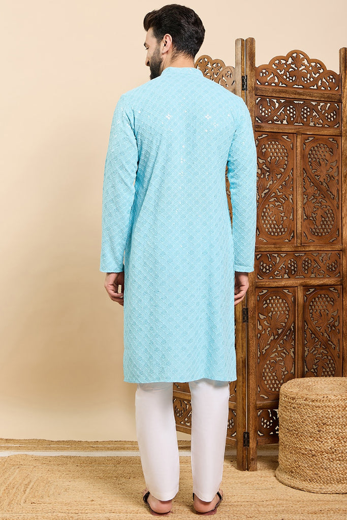 Ethnic Bay Turquoise Blue Viscose Rayon Solid Embroidered Ethnic Straight Chikankari Kurta For Men MKU1030LBLU