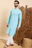 Ethnic Bay Turquoise Blue Viscose Rayon Solid Embroidered Ethnic Straight Chikankari Kurta For Men MKU1030LBLU