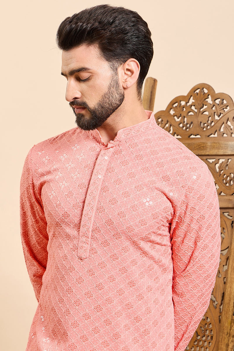 Ethnic Bay Peach Viscose Rayon Solid Embroidered Ethnic Straight Chikankari Kurta For Men MKU1030PCH