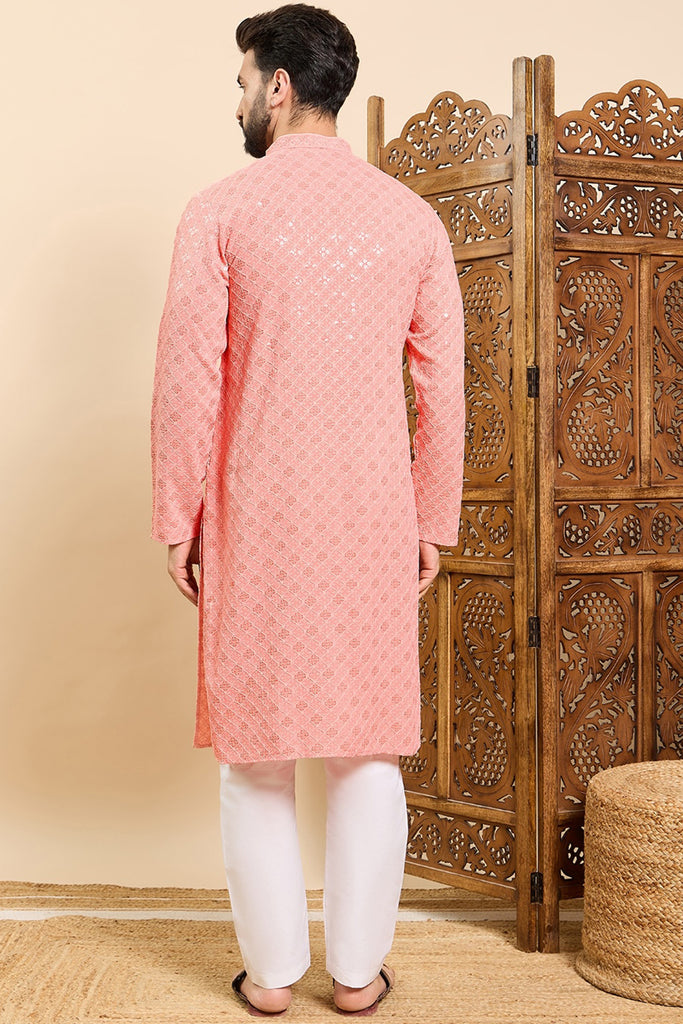 Ethnic Bay Peach Viscose Rayon Solid Embroidered Ethnic Straight Chikankari Kurta For Men MKU1030PCH