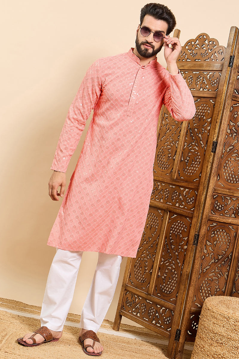 Ethnic Bay Peach Viscose Rayon Solid Embroidered Ethnic Straight Chikankari Kurta For Men MKU1030PCH