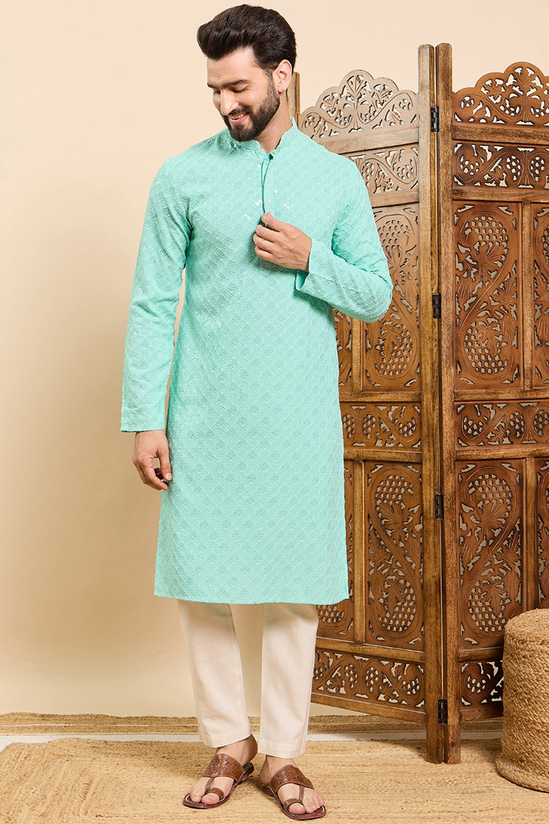 Ethnic Bay Sea Green Viscose Rayon Solid Embroidered Ethnic Straight Chikankari Kurta For Men MKU1030TRQ