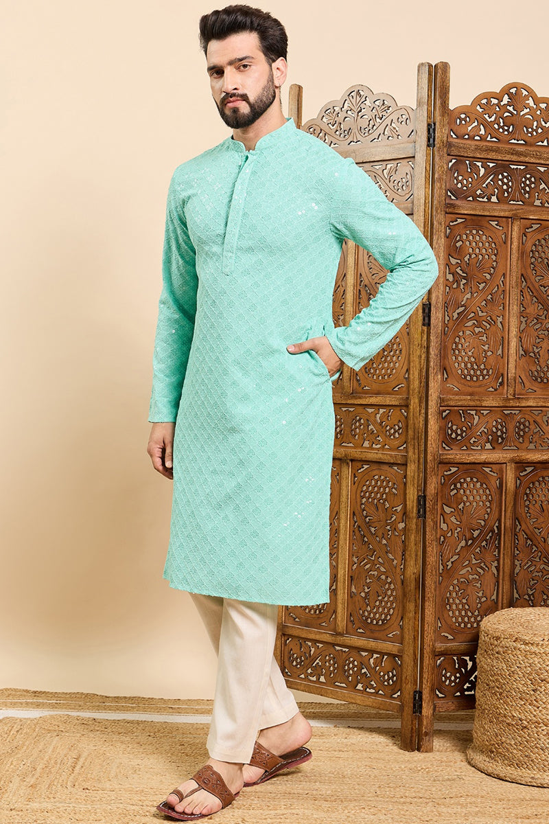 Ethnic Bay Sea Green Viscose Rayon Solid Embroidered Ethnic Straight Chikankari Kurta For Men MKU1030TRQ