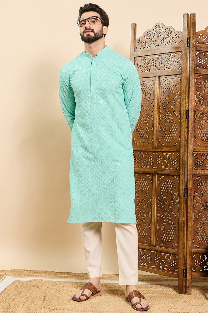 Ethnic Bay Sea Green Viscose Rayon Solid Embroidered Ethnic Straight Chikankari Kurta For Men MKU1030TRQ