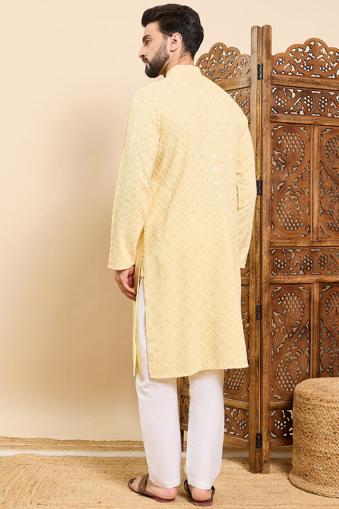 Ethnic Bay Yellow Viscose Rayon Solid Embroidered Ethnic Straight Chikankari Kurta For Men MKU1030YLW