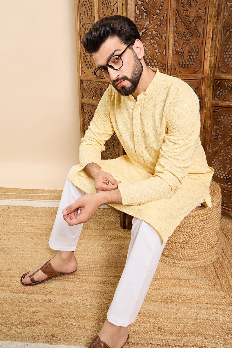 Ethnic Bay Yellow Viscose Rayon Solid Embroidered Ethnic Straight Chikankari Kurta For Men MKU1030YLW