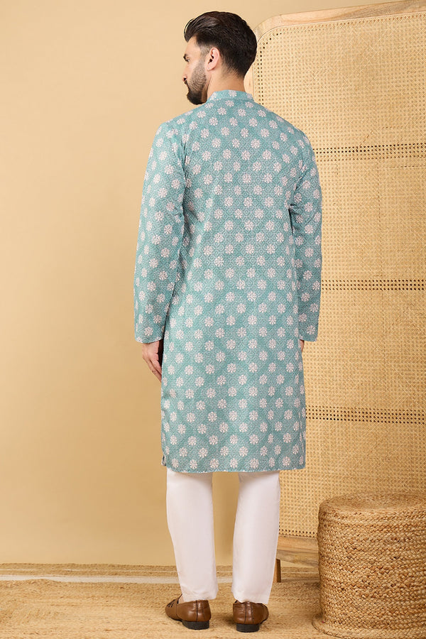 Ethnic Bay Sea Green Viscose Rayon Ethnic Motifs Embroidered Straight Chikankari Kurta MKU1032