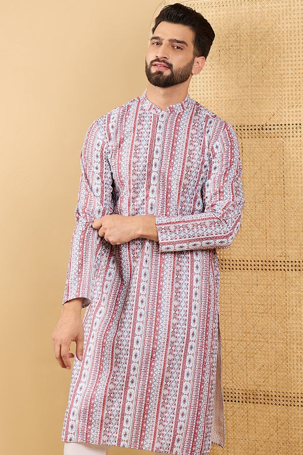 Ethnic Bay White Viscose Rayon Geometric Embroidered Straight Chikankari Kurta MKU1033