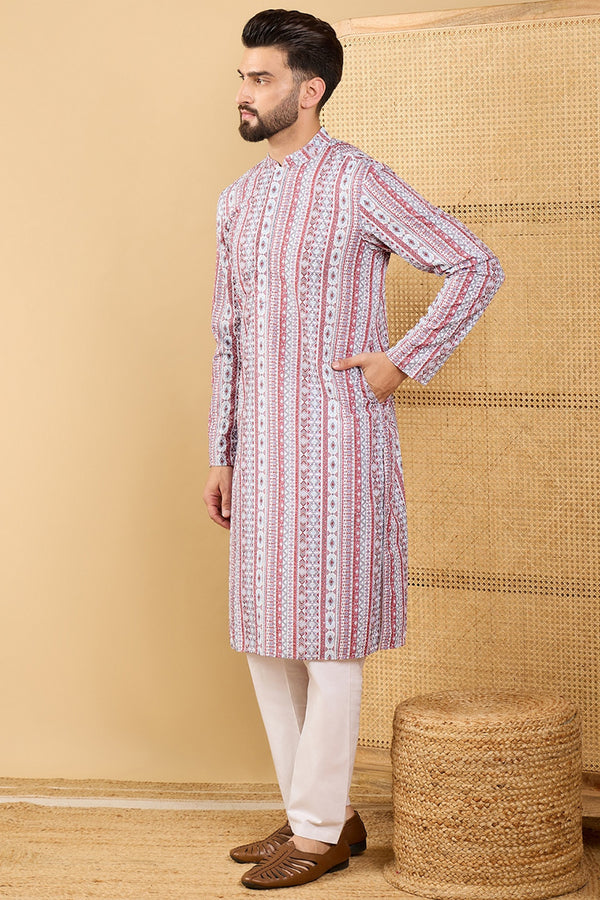 Ethnic Bay White Viscose Rayon Geometric Embroidered Straight Chikankari Kurta MKU1033