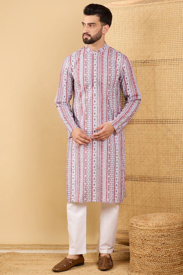 Ethnic Bay White Viscose Rayon Geometric Embroidered Straight Chikankari Kurta MKU1033