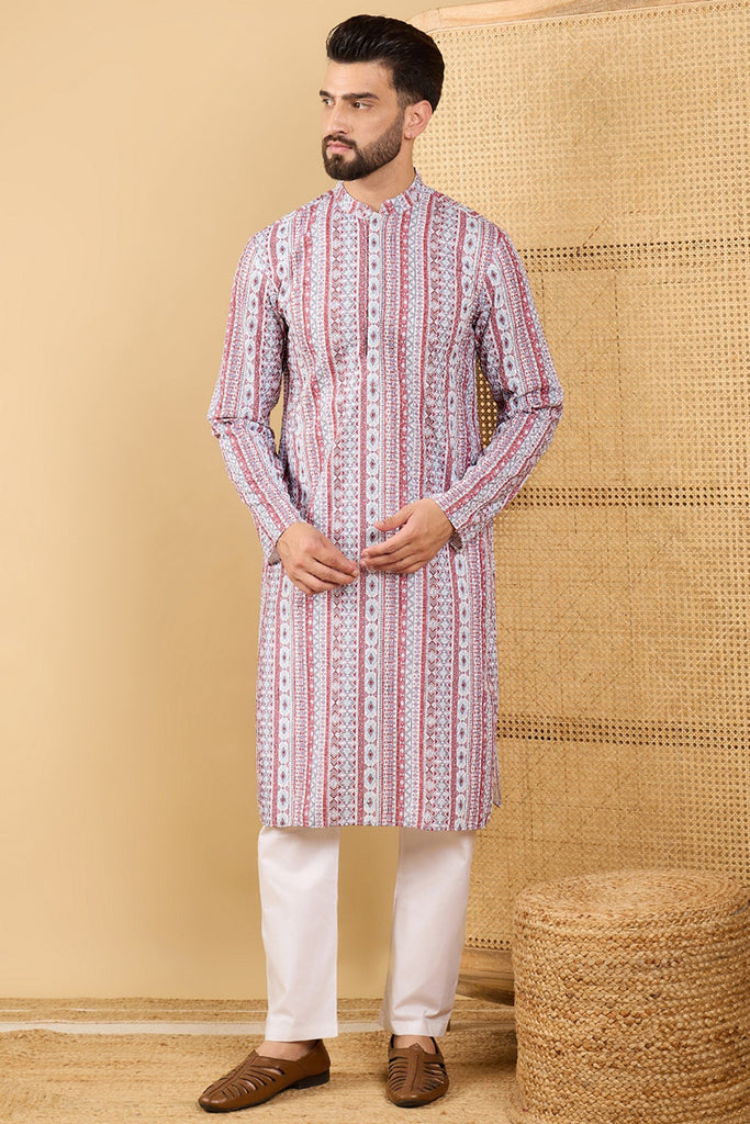 Ethnic Bay White Viscose Rayon Geometric Embroidered Straight Chikankari Kurta MKU1033