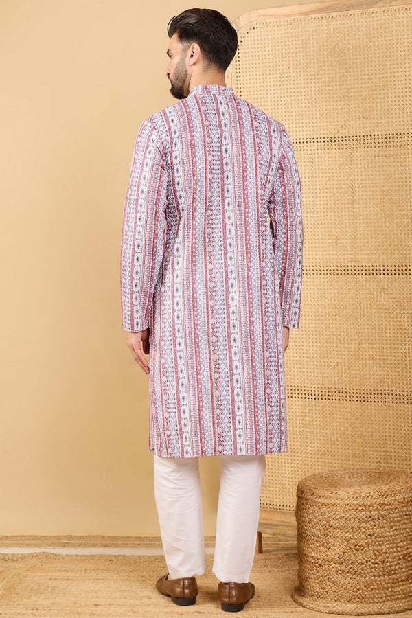 Ethnic Bay White Viscose Rayon Geometric Embroidered Straight Chikankari Kurta MKU1033