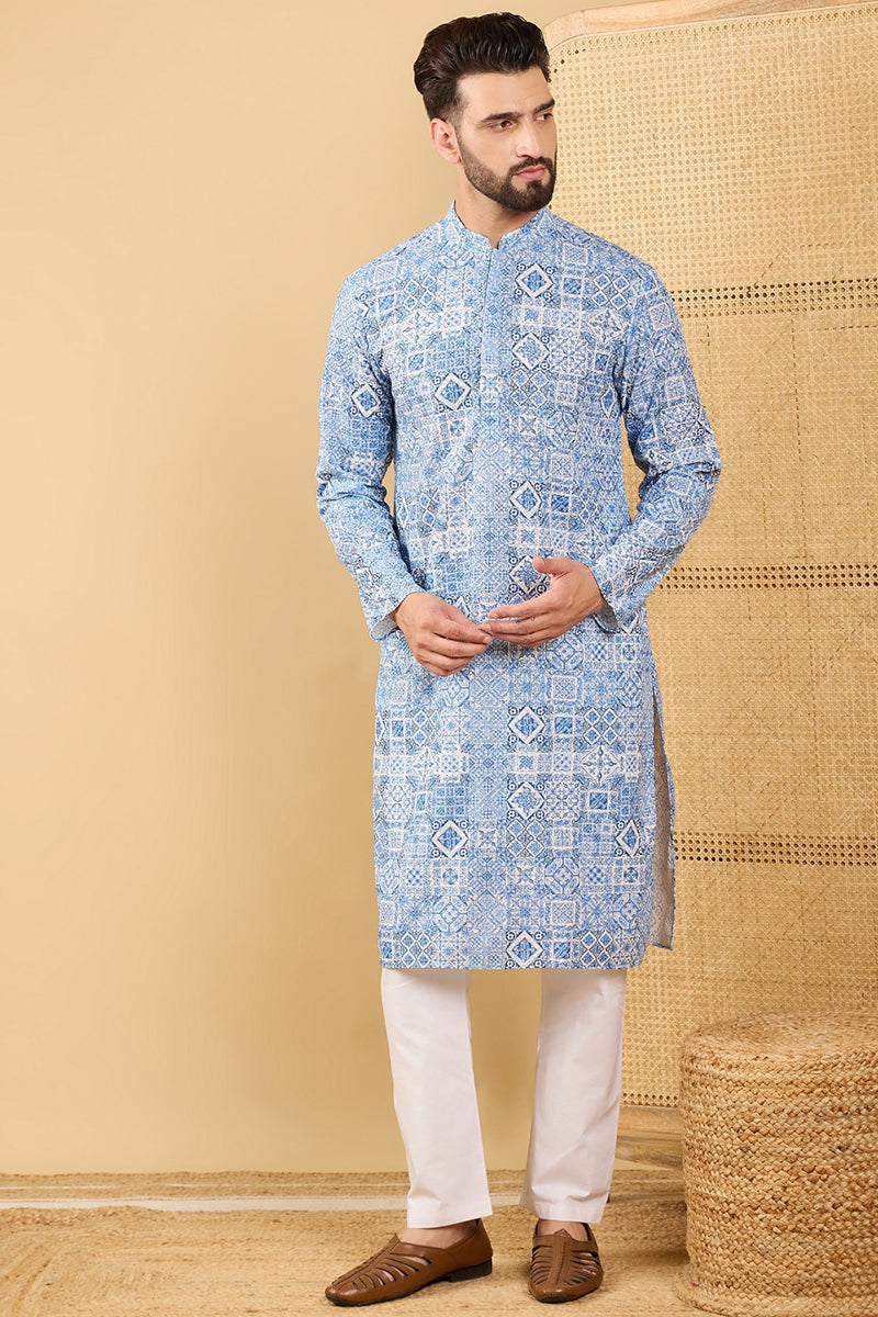 Ethnic Bay Blue Viscose Rayon Geometric Embroidered Straight Chikankari Kurta MKU1036