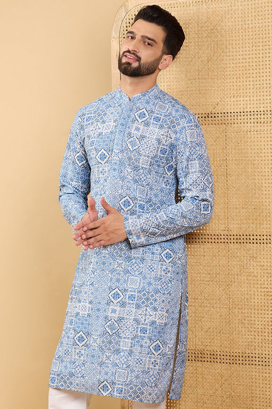 Ethnic Bay Blue Viscose Rayon Geometric Embroidered Straight Chikankari Kurta MKU1036