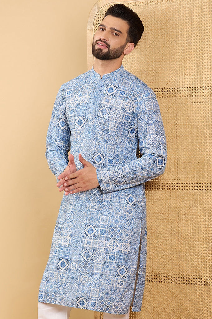 Ethnic Bay Blue Viscose Rayon Geometric Embroidered Straight Chikankari Kurta MKU1036