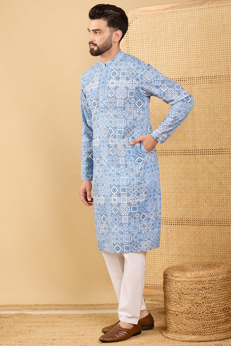 Ethnic Bay Blue Viscose Rayon Geometric Embroidered Straight Chikankari Kurta MKU1036
