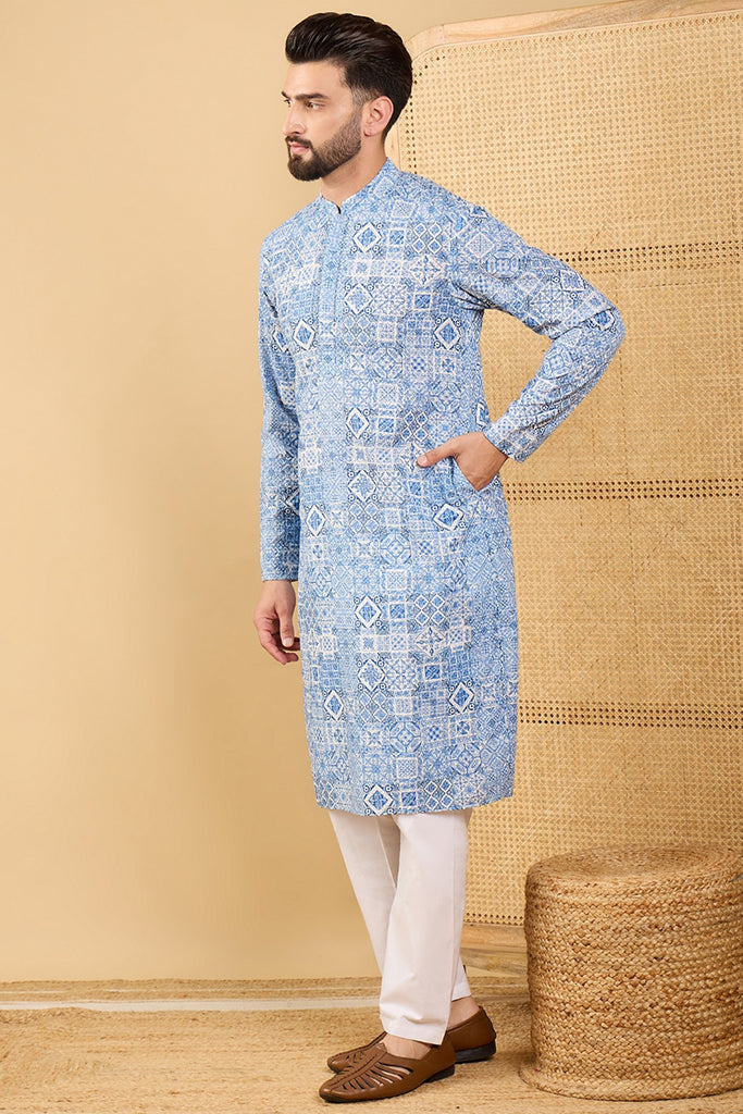 Ethnic Bay Blue Viscose Rayon Geometric Embroidered Straight Chikankari Kurta MKU1036