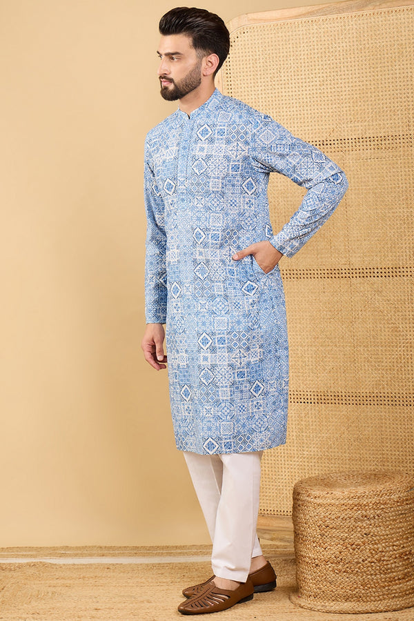 Ethnic Bay Blue Viscose Rayon Geometric Embroidered Straight Chikankari Kurta MKU1036