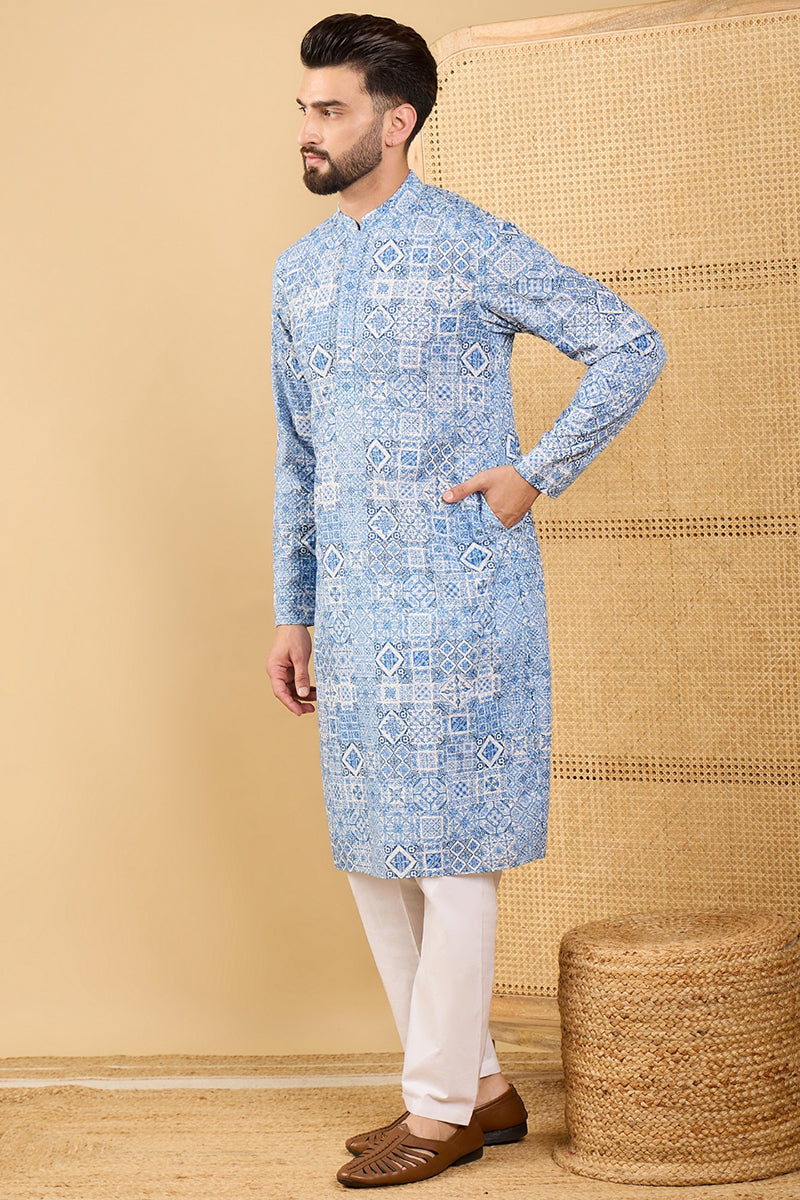 Blue Viscose Rayon Geometric Embroidered Straight Kurta with Trouser MKSET1036