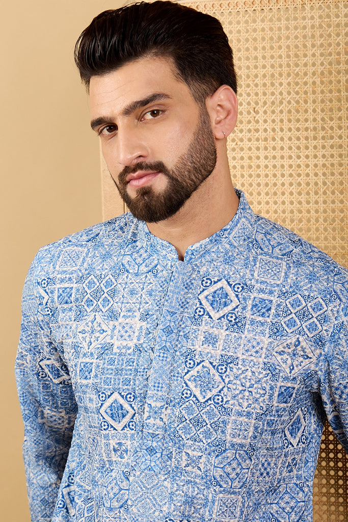Ethnic Bay Blue Viscose Rayon Geometric Embroidered Straight Chikankari Kurta MKU1036