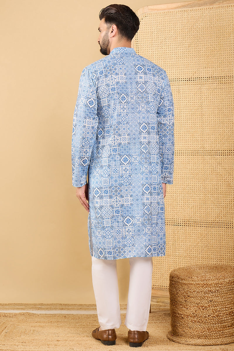 Blue Viscose Rayon Geometric Embroidered Straight Kurta with Trouser MKSET1036
