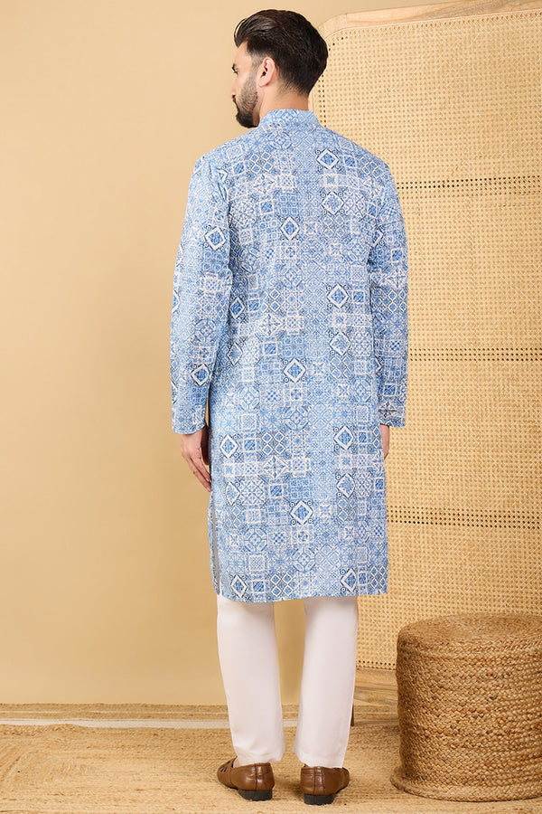 Ethnic Bay Blue Viscose Rayon Geometric Embroidered Straight Chikankari Kurta MKU1036