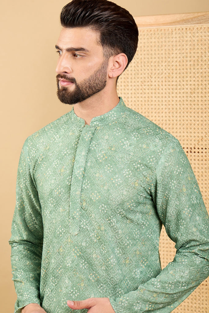 Ethnic Bay Green Viscose Rayon Bandhani Embroidered Straight Chikankari Kurta MKU1037