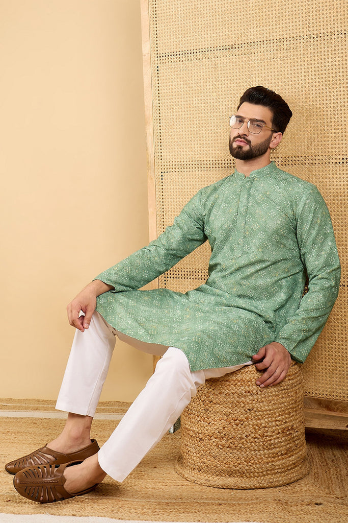 Ethnic Bay Green Viscose Rayon Bandhani Embroidered Straight Chikankari Kurta MKU1037