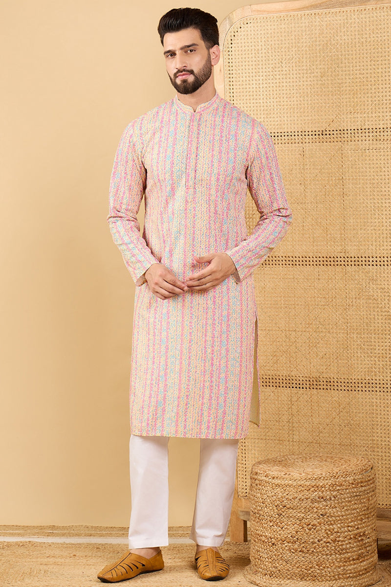 Ethnic Bay Peach Viscose Rayon Striped Embroidered Straight Chikankari Kurta MKU1038