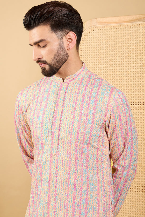 Multi Viscose Rayon Striped Embroidered Straight Kurta with Trouser MKSET1038