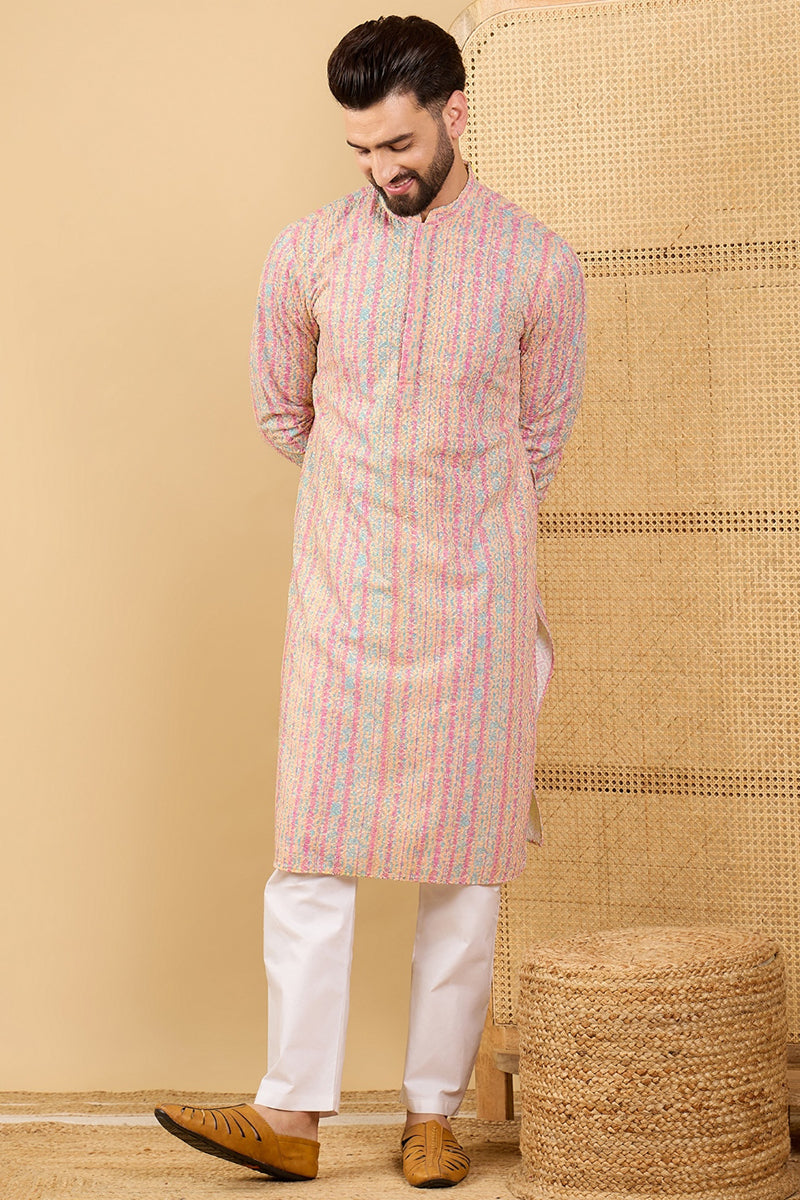 Multi Viscose Rayon Striped Embroidered Straight Kurta with Trouser MKSET1038