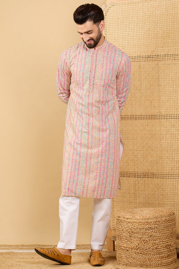 Multi Viscose Rayon Striped Embroidered Straight Kurta with Trouser MKSET1038