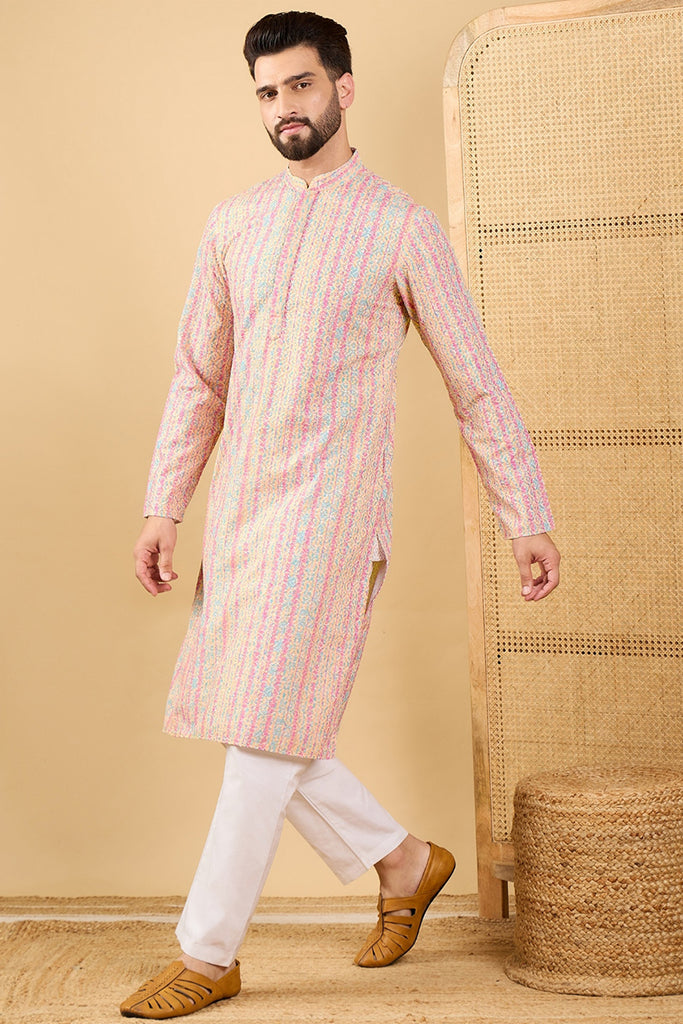 Ethnic Bay Peach Viscose Rayon Striped Embroidered Straight Chikankari Kurta MKU1038