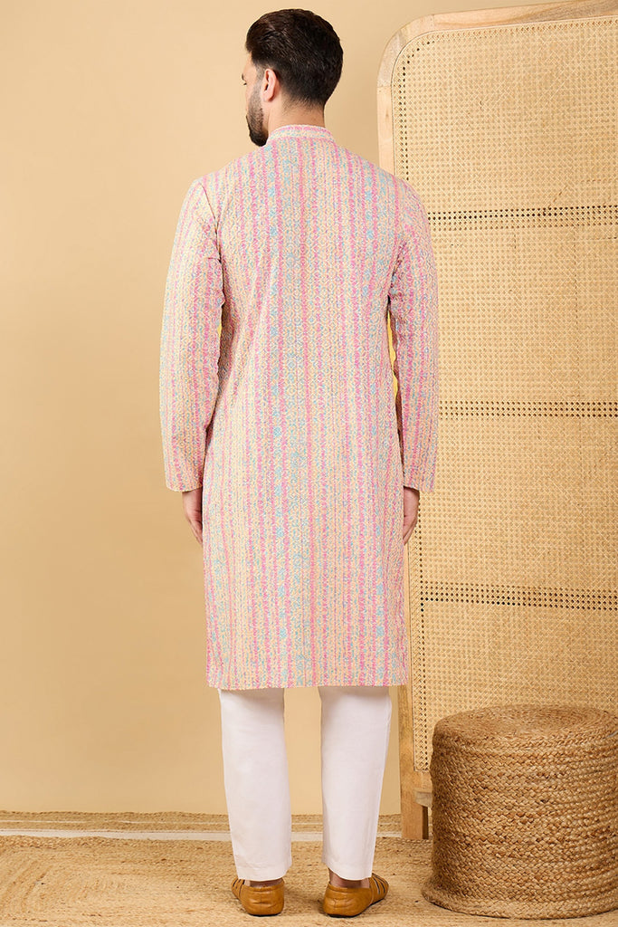 Multi Viscose Rayon Striped Embroidered Straight Kurta with Trouser MKSET1038