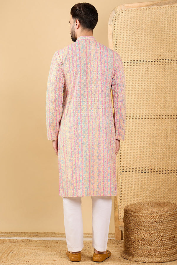 Multi Viscose Rayon Striped Embroidered Straight Kurta with Trouser MKSET1038