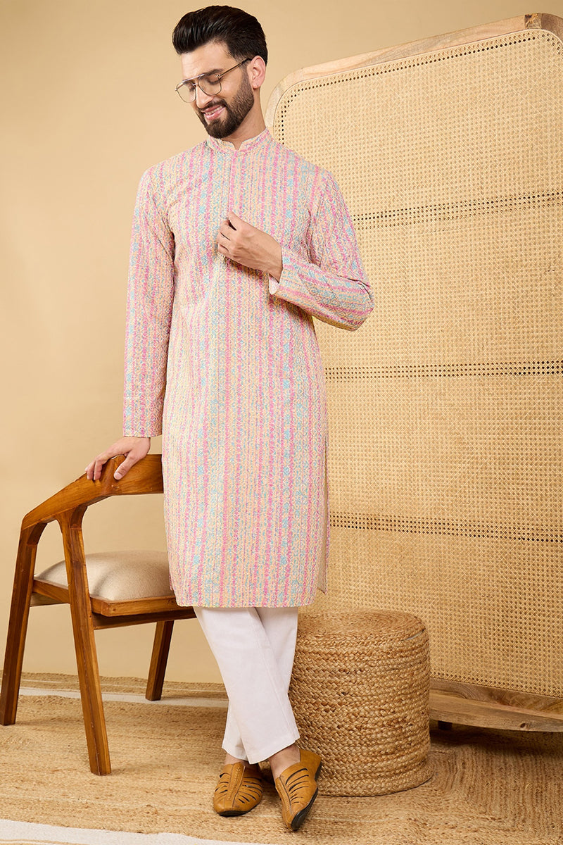 Ethnic Bay Peach Viscose Rayon Striped Embroidered Straight Chikankari Kurta MKU1038