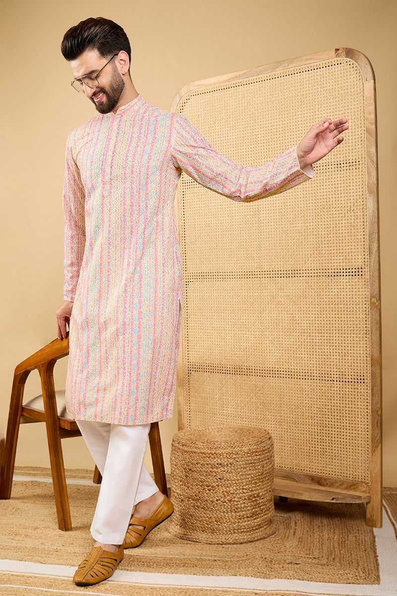 Ethnic Bay Peach Viscose Rayon Striped Embroidered Straight Chikankari Kurta MKU1038