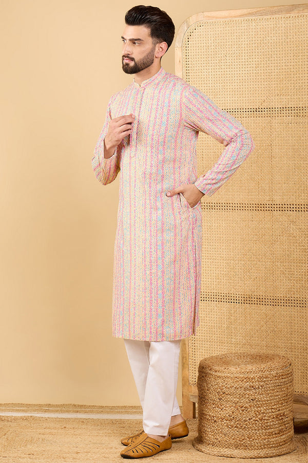 Multi Viscose Rayon Striped Embroidered Straight Kurta with Trouser MKSET1038