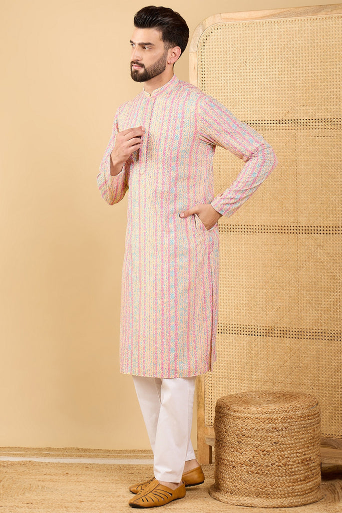 Ethnic Bay Peach Viscose Rayon Striped Embroidered Straight Chikankari Kurta MKU1038