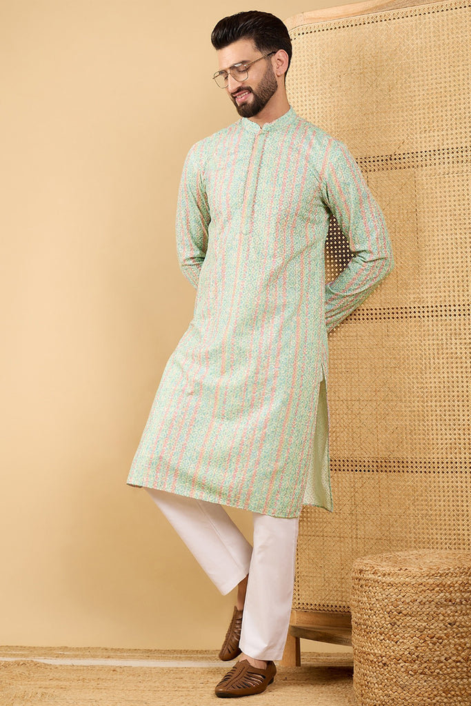 Ethnic Bay Green Viscose Rayon Striped Embroidered Straight Chikankari Kurta MKU1040