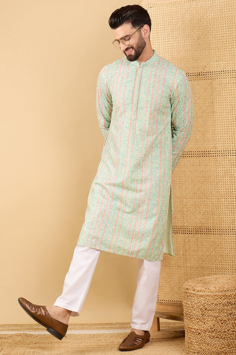 Ethnic Bay Green Viscose Rayon Striped Embroidered Straight Chikankari Kurta MKU1040