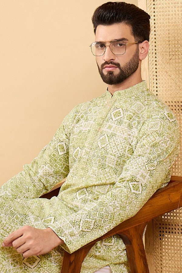 Ethnic Bay Olive Green Viscose Rayon Geometric Embroidered Straight Chikankari Kurta MKU1041