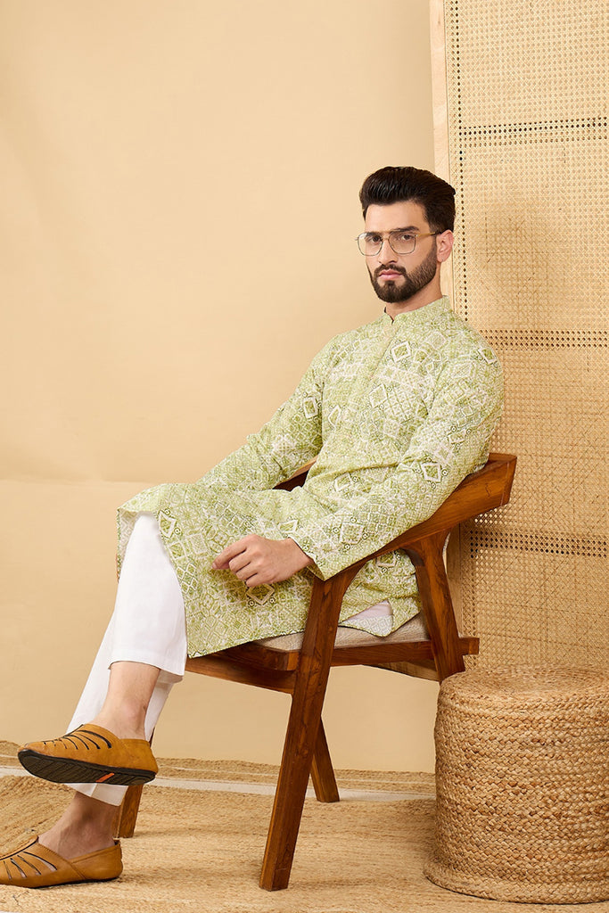 Olive Viscose Rayon Geometric Embroidered Straight Kurta with Trouser MKSET1041