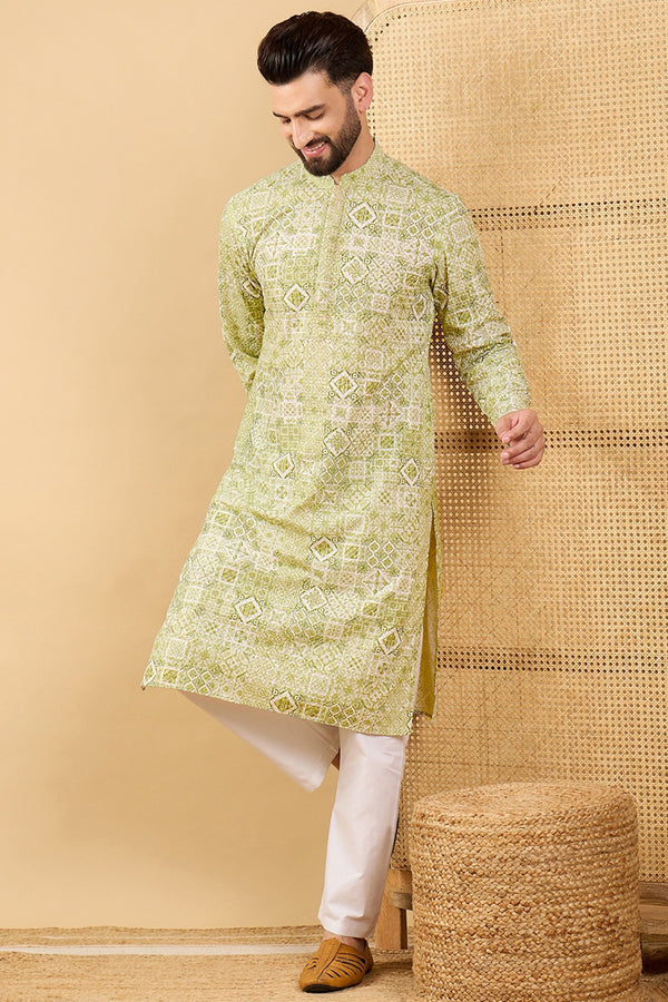 Ethnic Bay Olive Green Viscose Rayon Geometric Embroidered Straight Chikankari Kurta MKU1041