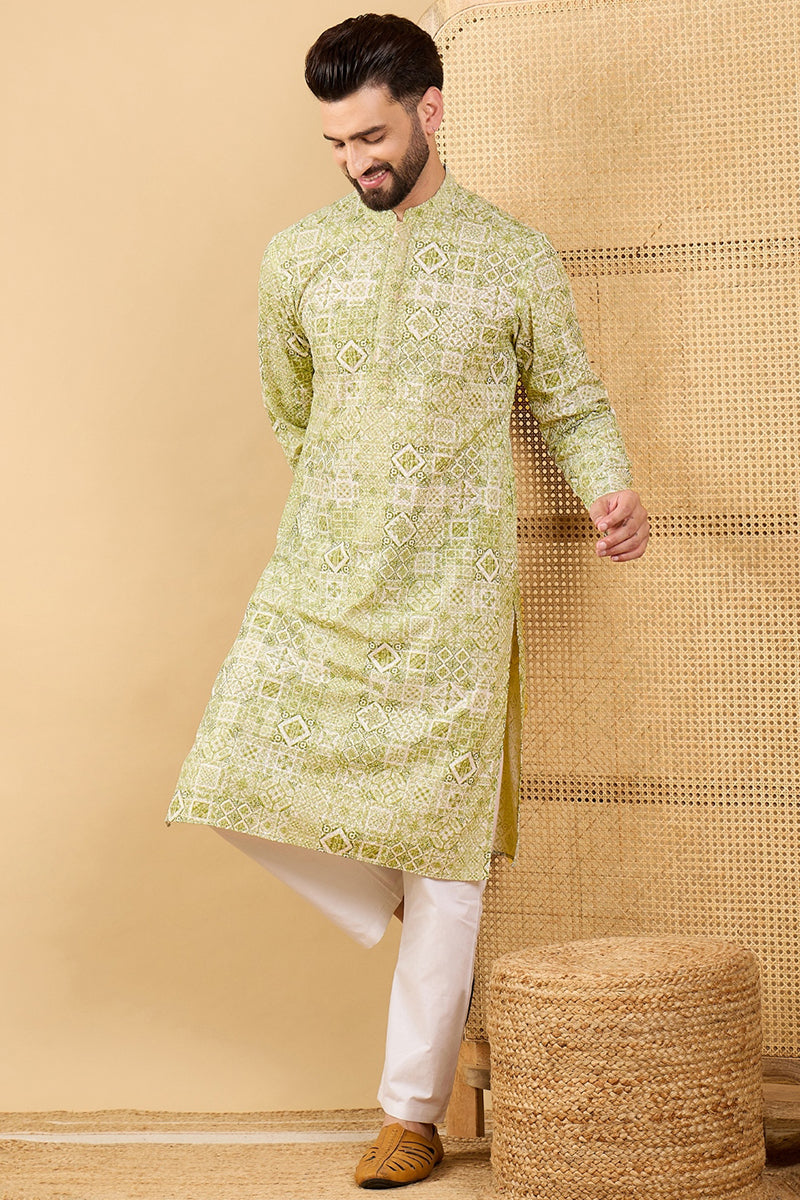 Olive Viscose Rayon Geometric Embroidered Straight Kurta with Trouser MKSET1041