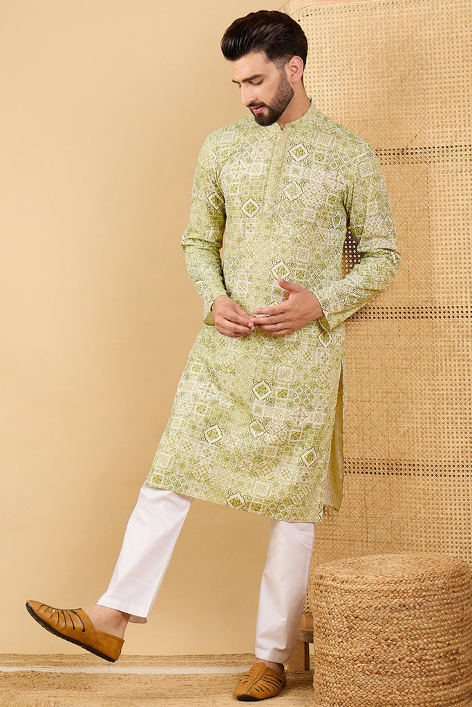 Olive Viscose Rayon Geometric Embroidered Straight Kurta with Trouser MKSET1041