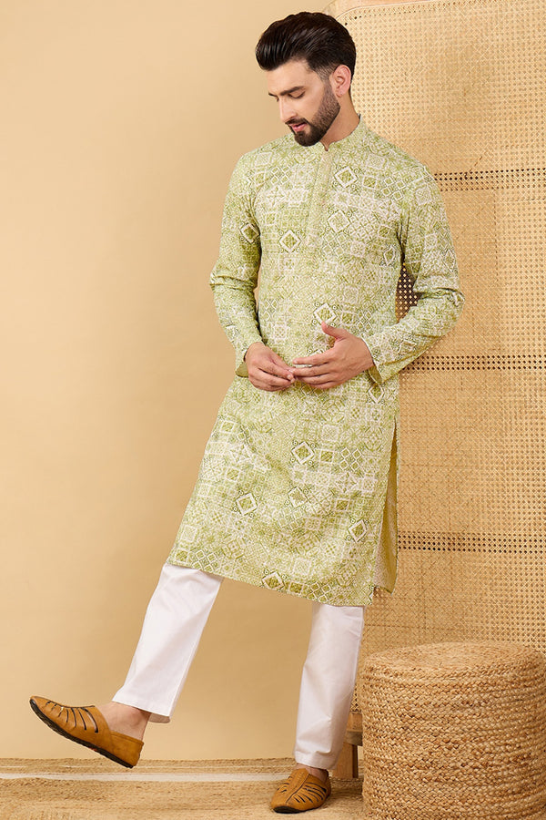 Olive Viscose Rayon Geometric Embroidered Straight Kurta with Trouser MKSET1041